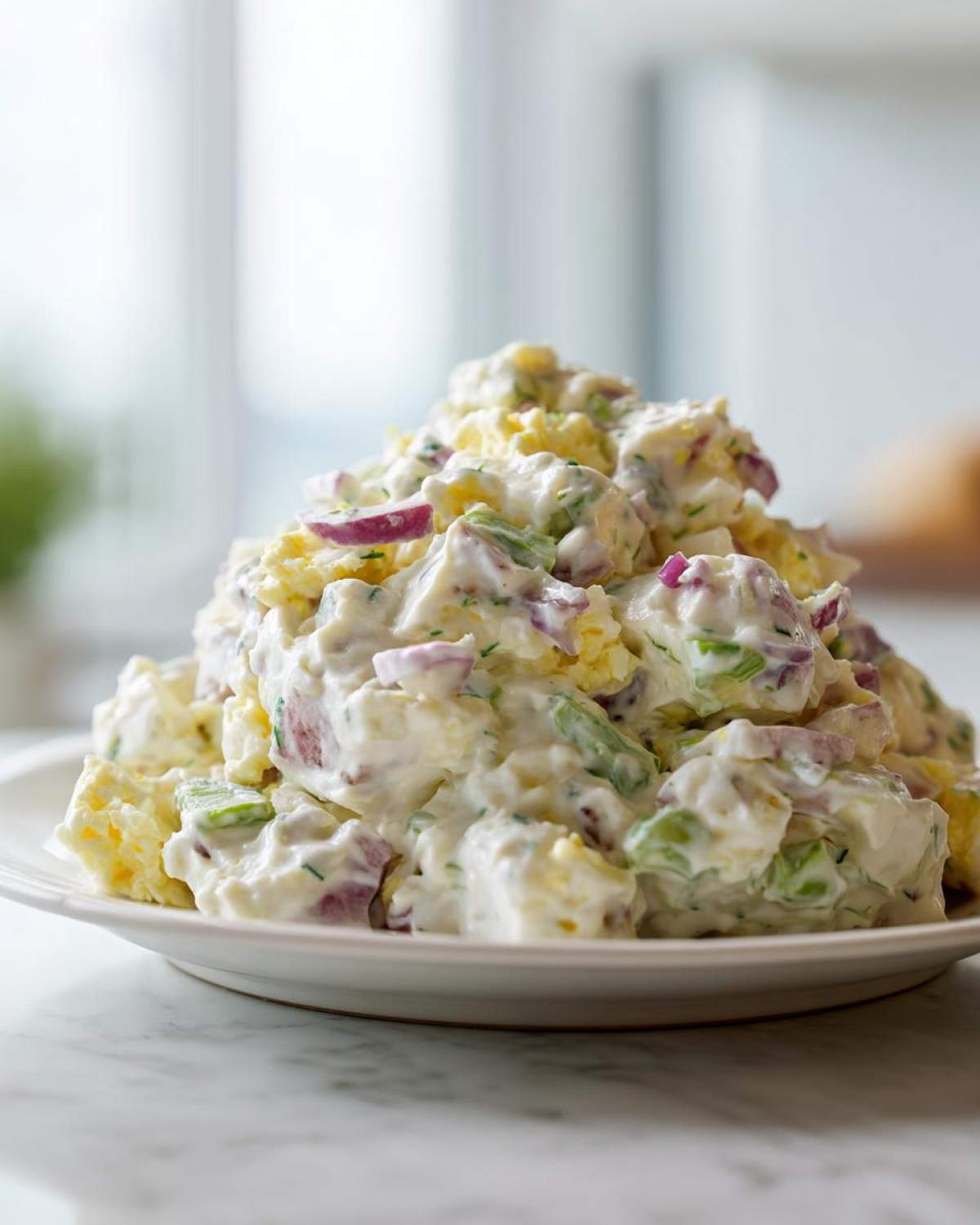 A large mound of Creamy Potato Salad With Egg, featuring potatoes, chunks of egg, red onion, and celery in a rich dressing.