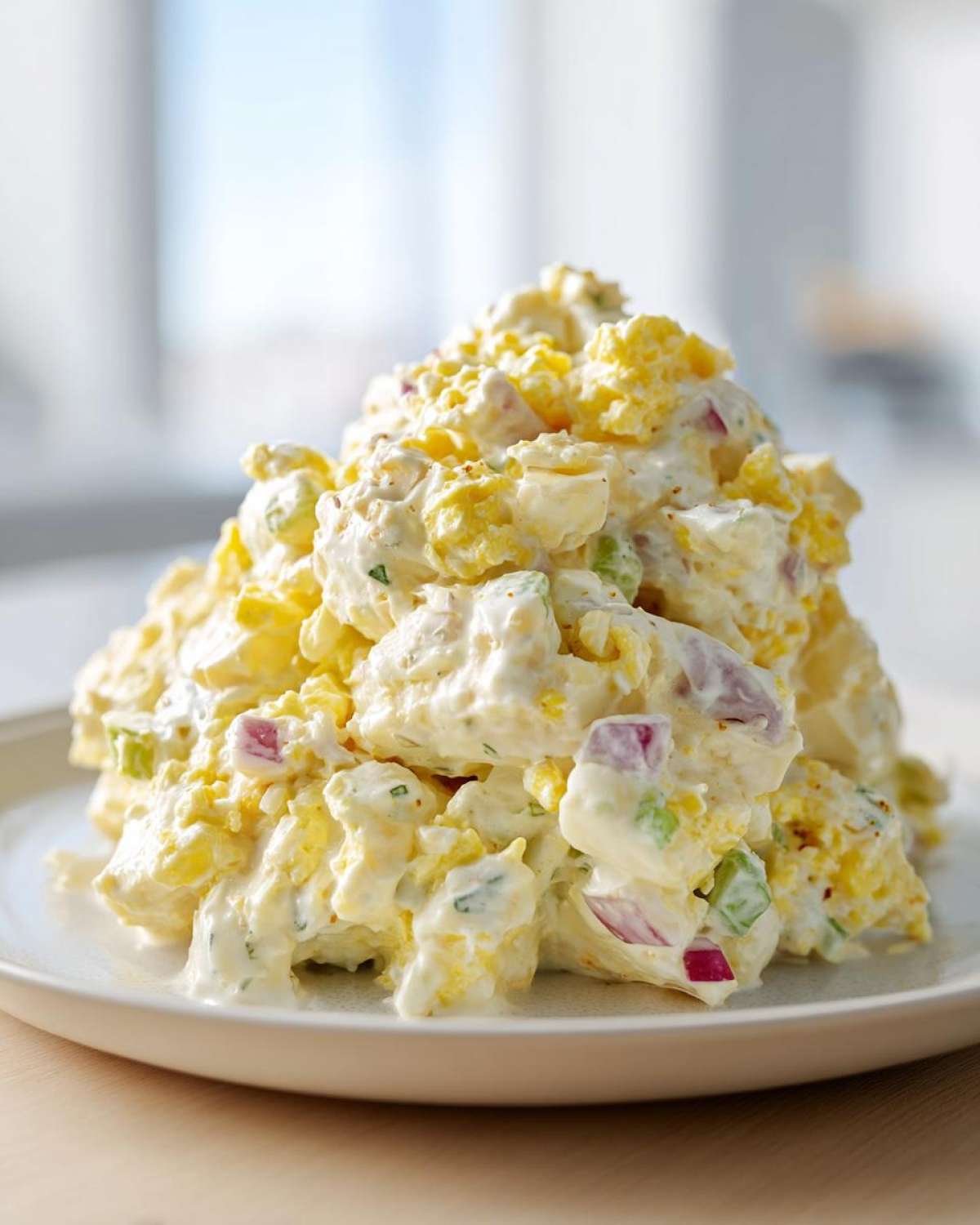 A generous mound of rich, creamy potato salad with egg, red onion, and celery served on a white plate.