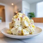 A generous mound of Creamy Potato Salad With Egg, featuring chunks of potato, egg, and red onion in a rich dressing.