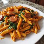 Close-up of creamy sausage pasta made with penne, sliced sausage, and wilted spinach, served on a white plate.