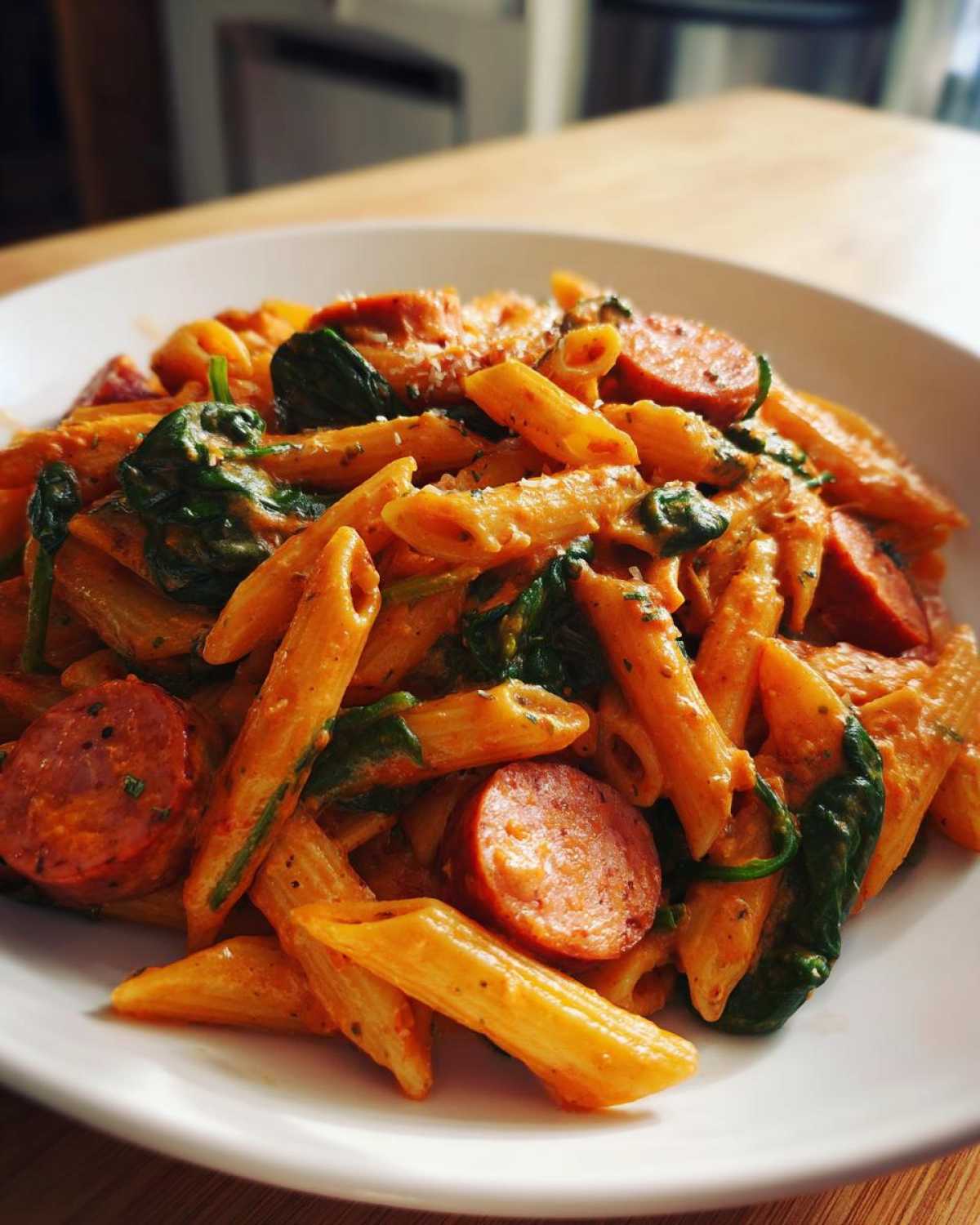 Close-up of creamy sausage pasta featuring penne, sliced sausage, and wilted spinach in a rich sauce.