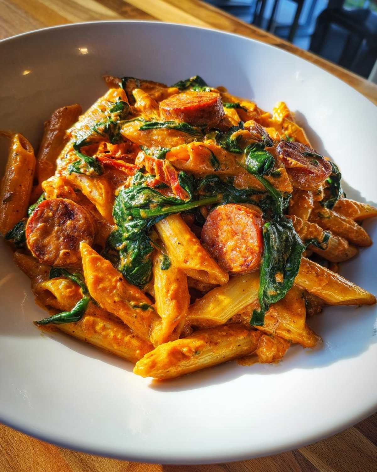 Close-up of creamy sausage pasta featuring penne, sliced smoked sausage, and wilted spinach in a white bowl.