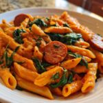 Close-up of creamy sausage pasta featuring penne, sliced sausage, and wilted spinach in a white serving bowl.
