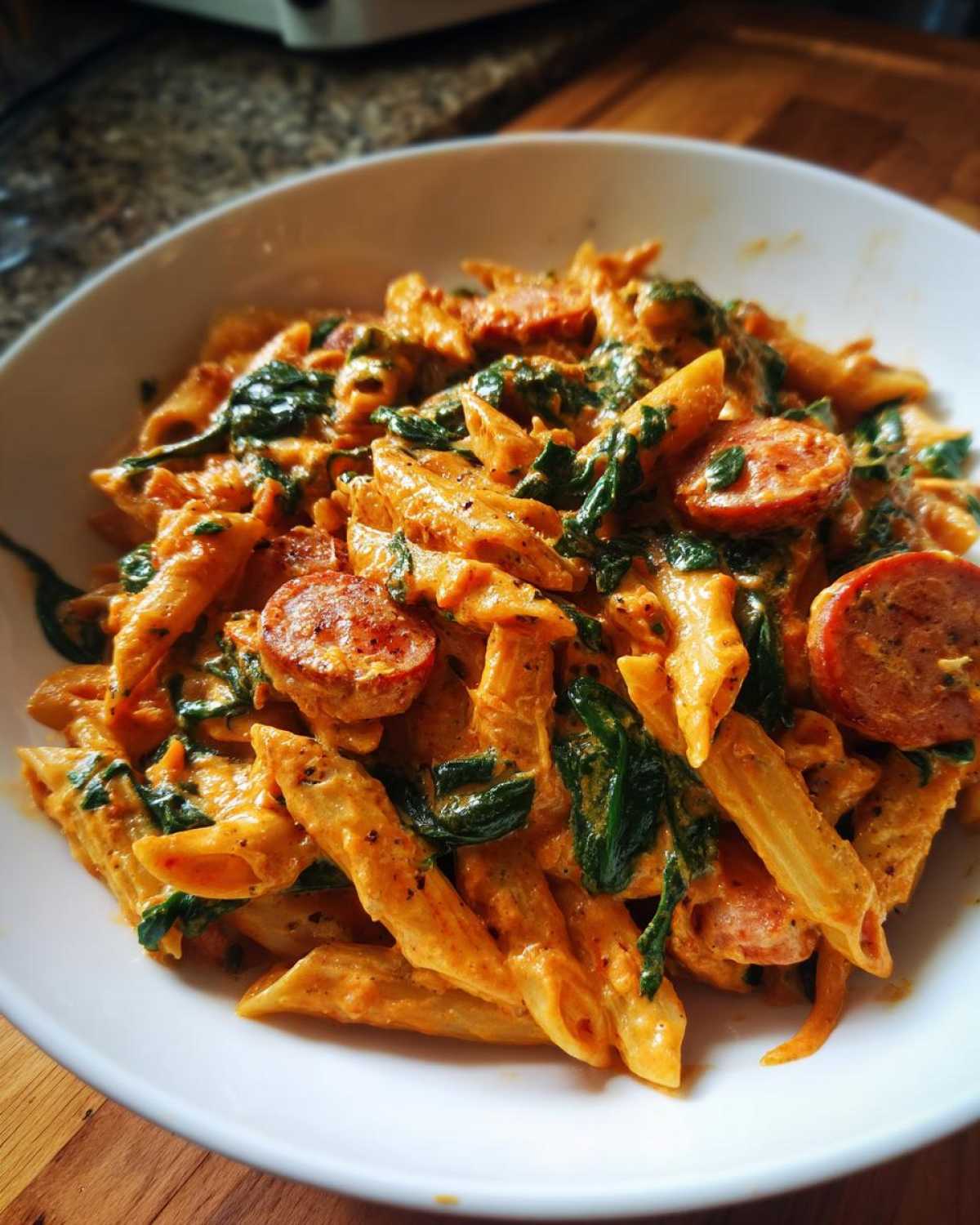 Close-up of creamy sausage pasta featuring penne, sliced sausage, and wilted spinach in a rich orange sauce.