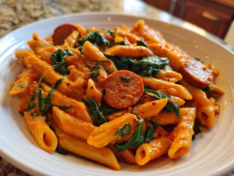 Close-up of creamy sausage pasta featuring penne, sliced sausage, and wilted spinach in a white serving bowl.