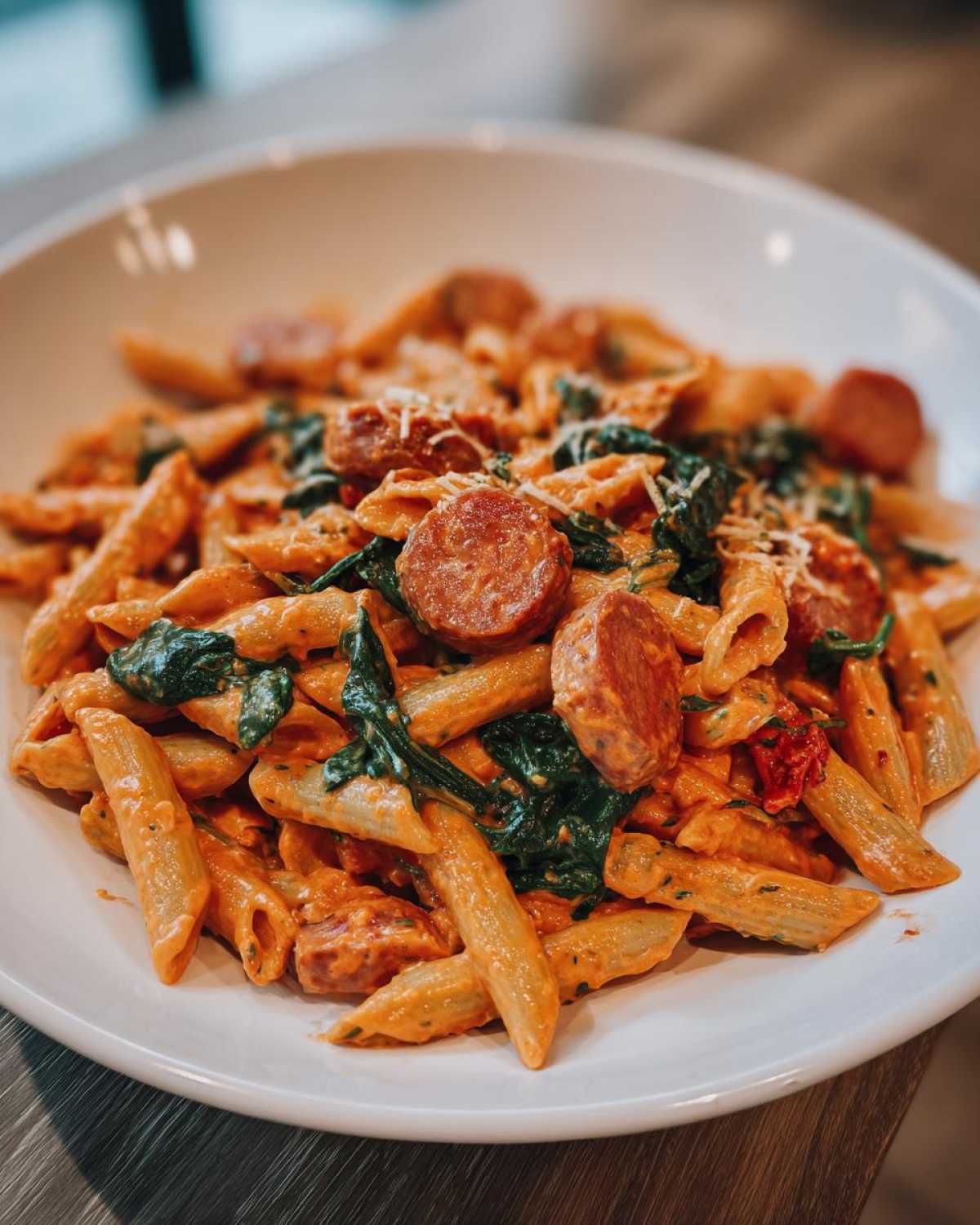 Close-up of creamy sausage pasta featuring penne, sliced sausage, and wilted spinach, topped with grated cheese.