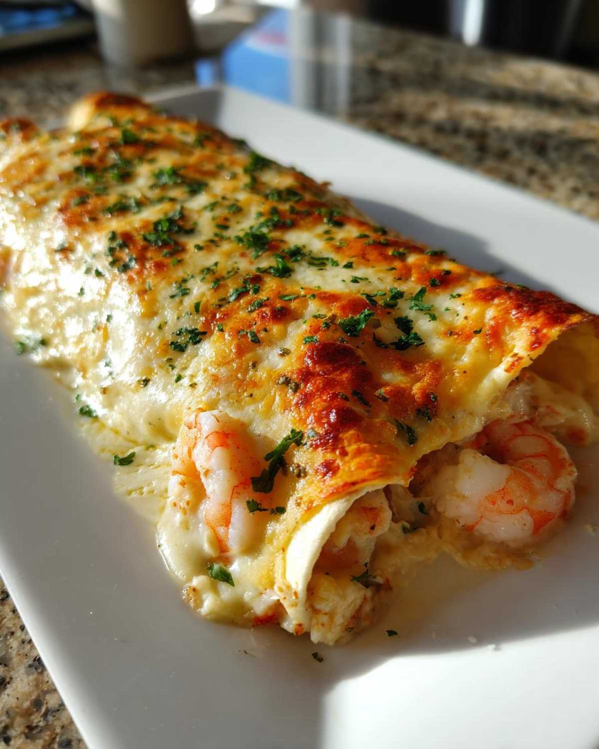 Close-up of creamy shrimp enchiladas covered in melted, browned cheese and sprinkled with fresh parsley.