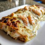 Close-up of a creamy shrimp enchiladas roll topped with melted, browned cheese and whole shrimp pieces.