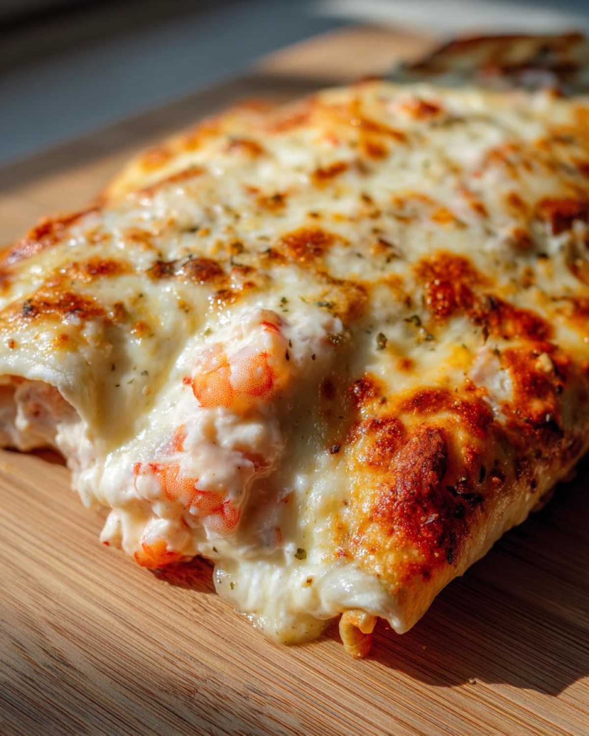 Close-up of a portion of creamy shrimp enchiladas topped with bubbling, browned cheese and herbs.