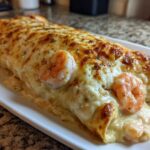 A close-up of a creamy shrimp enchiladas roll covered in melted, browned cheese and topped with cooked shrimp.