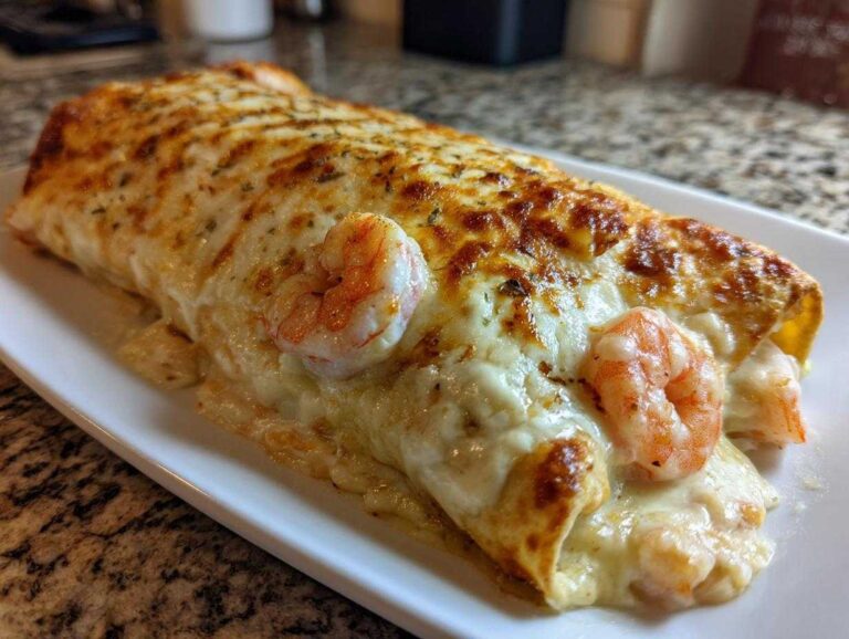 A close-up of a creamy shrimp enchiladas roll covered in melted, browned cheese and topped with cooked shrimp.