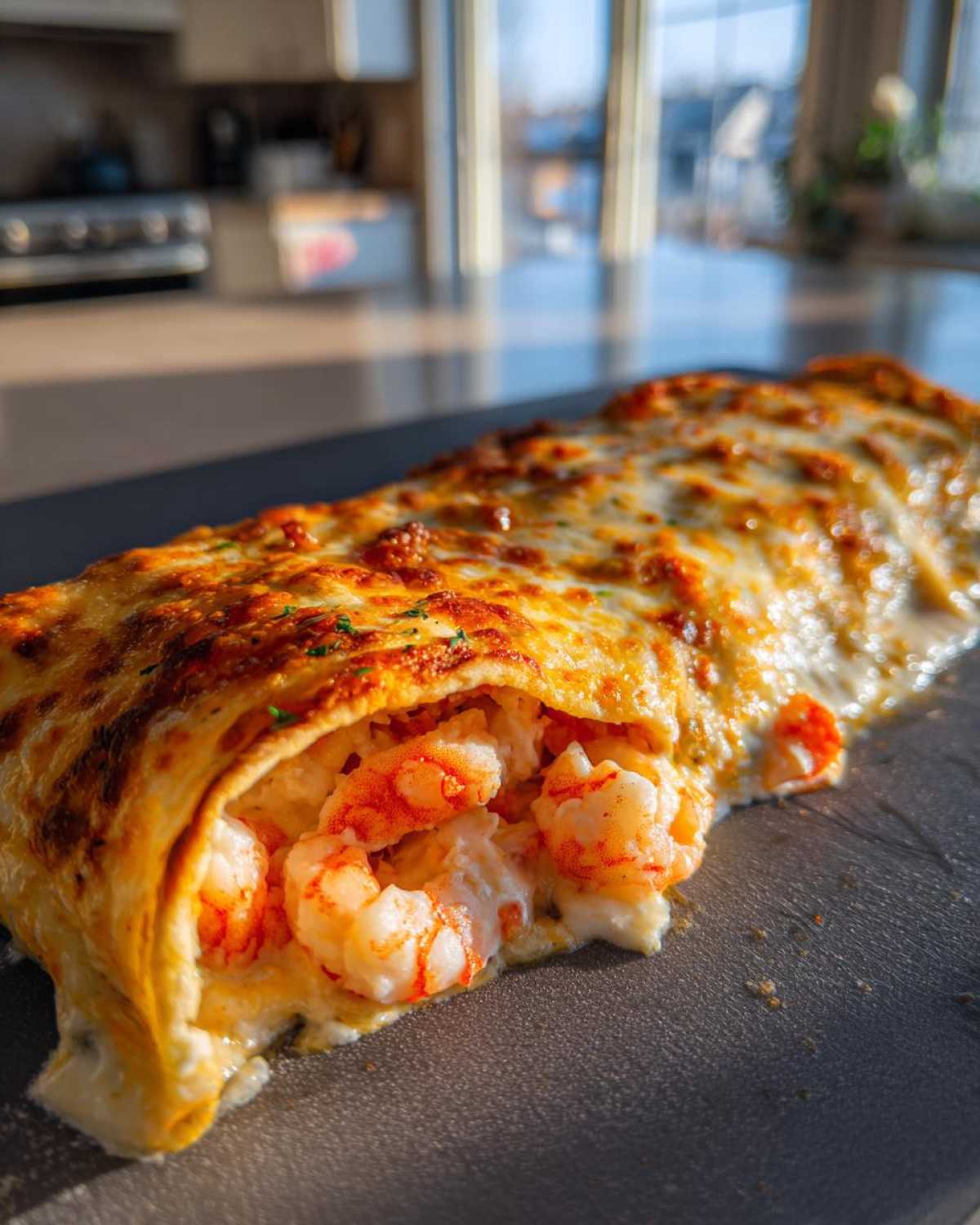 Close-up of a creamy shrimp enchiladas roll cut open to show plump shrimp and melted cheese filling.