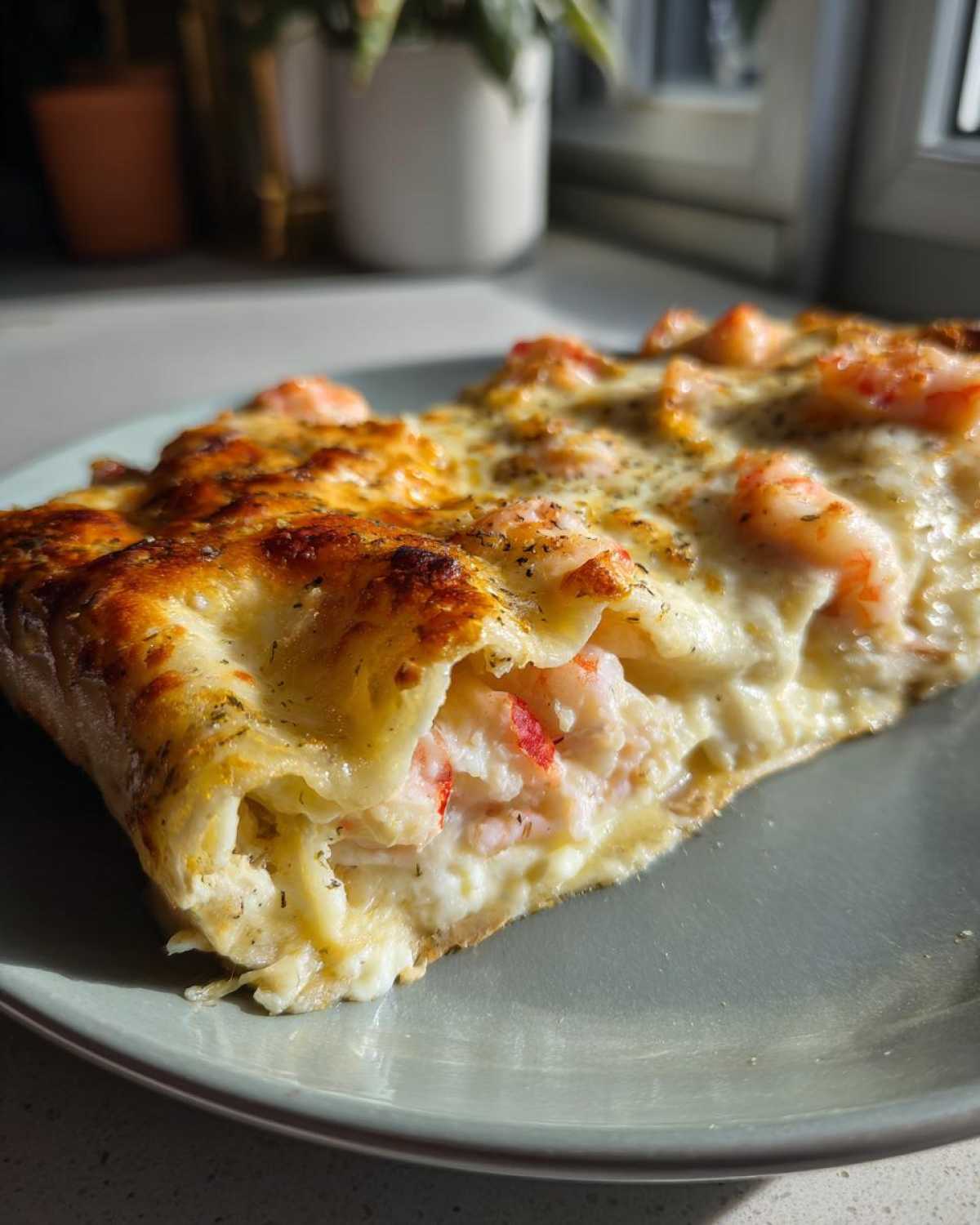 Close-up of a creamy shrimp enchiladas slice showing shrimp filling and bubbly, browned cheese topping.