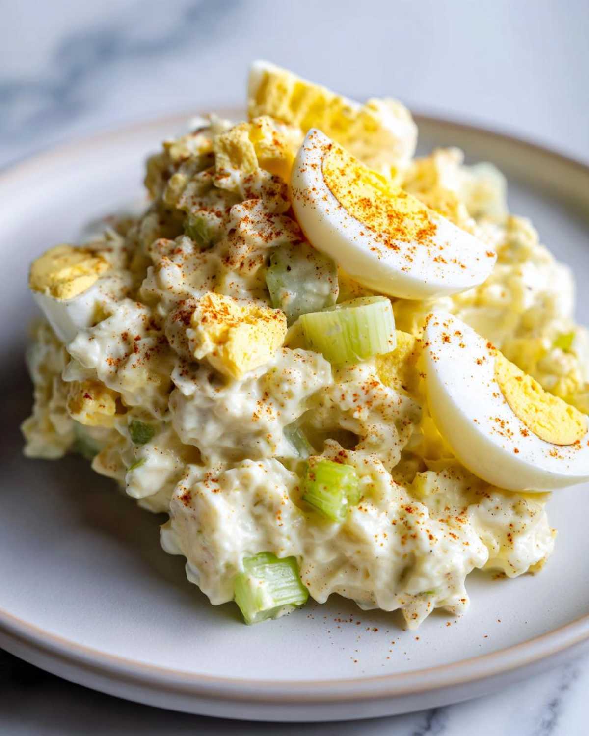 A scoop of creamy Southern Potato Salad mixed with celery and topped with sliced hard-boiled eggs and paprika.