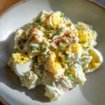 A close-up of creamy Southern Potato Salad mixed with chunks of hard-boiled egg and sprinkled with paprika.