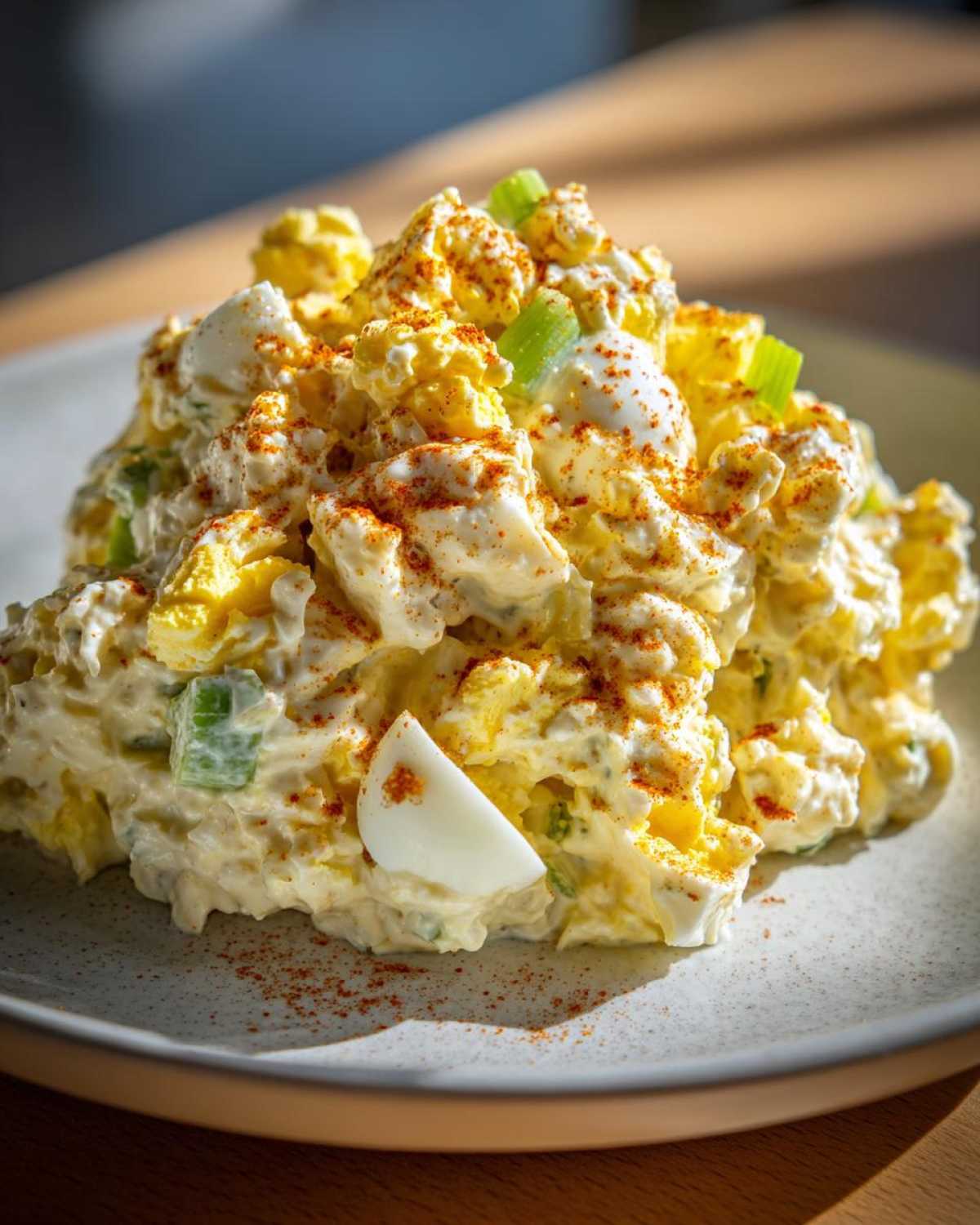 A creamy mound of Southern Potato Salad mixed with eggs and celery, topped with a dusting of paprika.