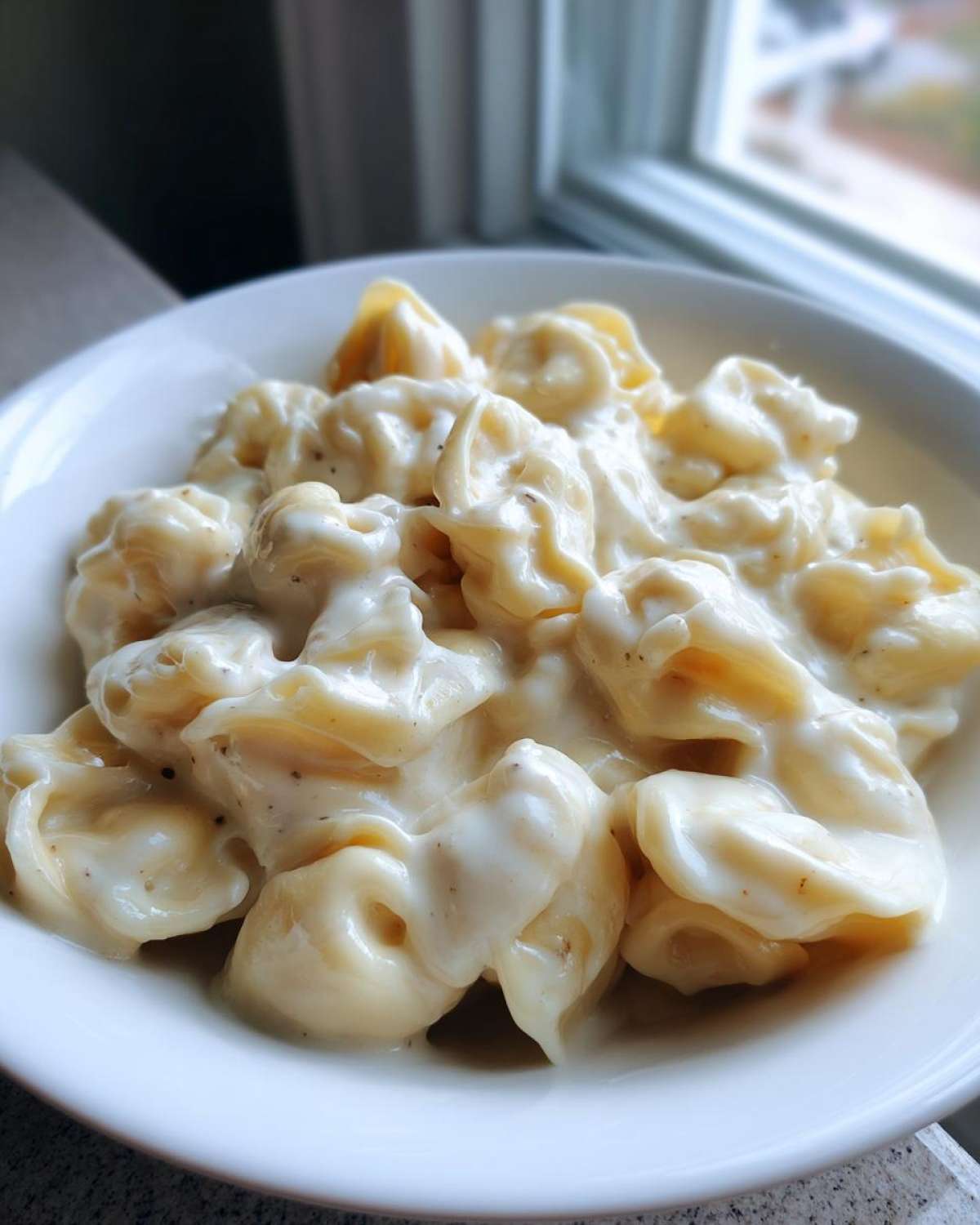 Close-up of a white bowl filled with creamy Tortellini Alfredo Recipe, seasoned with black pepper.