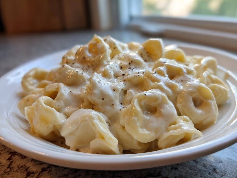 Close-up of a white bowl filled with cheesy Tortellini Alfredo Recipe, topped with cracked black pepper.