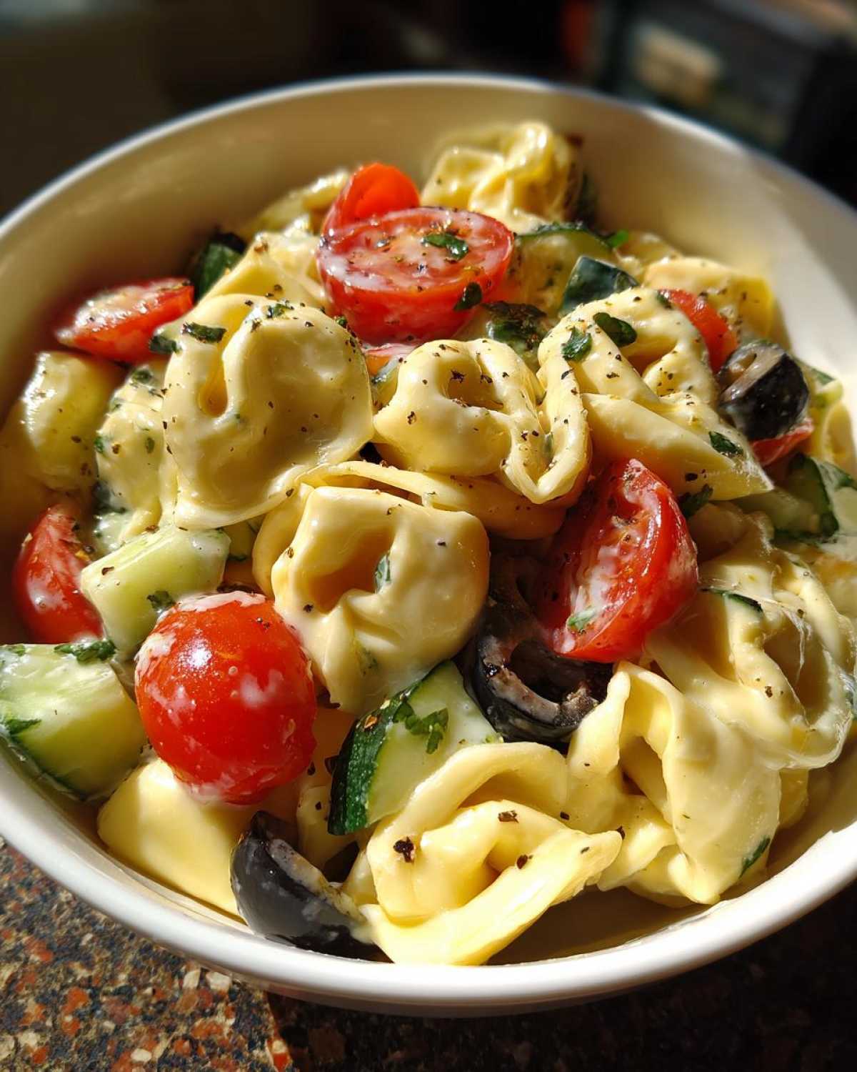 Close-up of creamy Tortellini Pasta Salad featuring tortellini, cherry tomatoes, cucumber, and black olives.