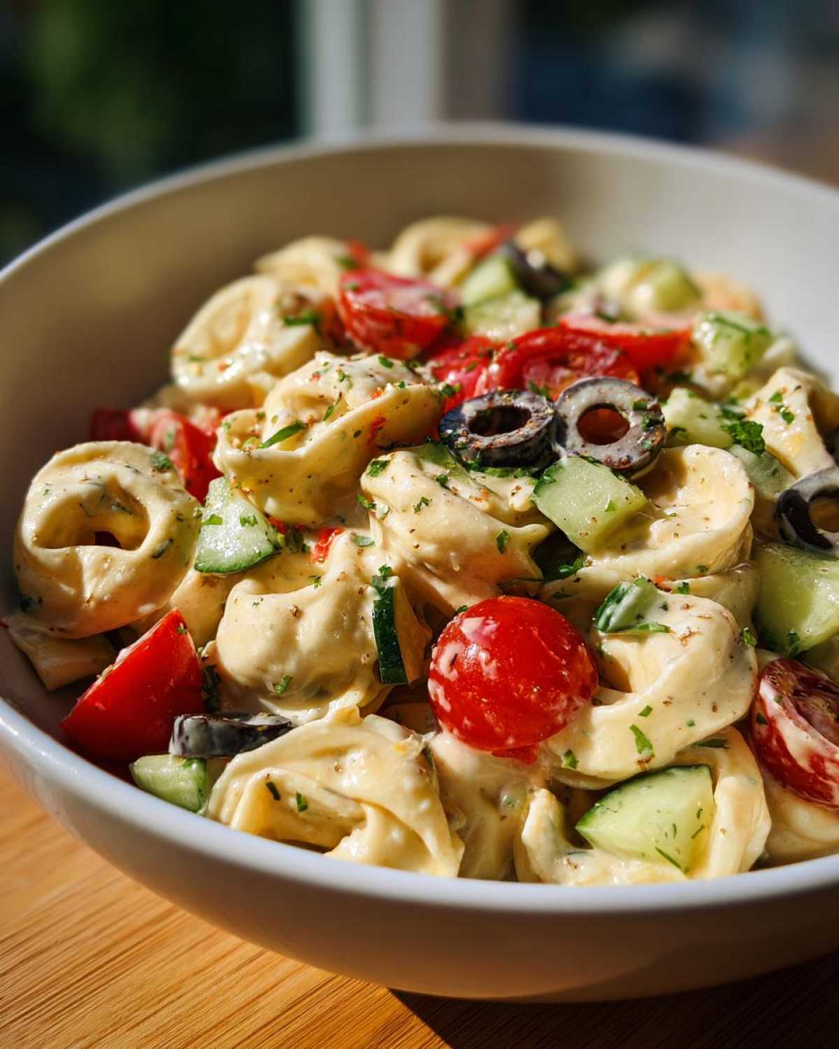 Close-up of creamy Tortellini Pasta Salad with cherry tomatoes, cucumbers, and black olives in a white bowl.