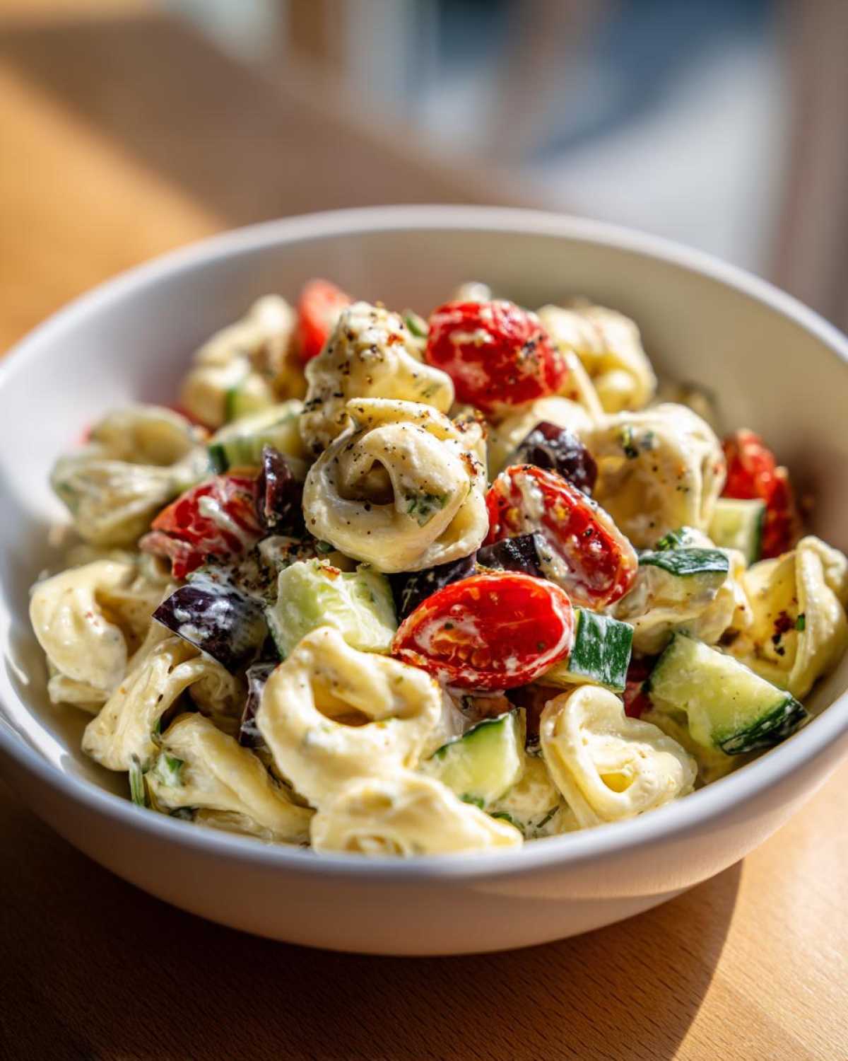 Close-up of a creamy Tortellini Pasta Salad mixed with cherry tomatoes, cucumbers, and olives in a white bowl.