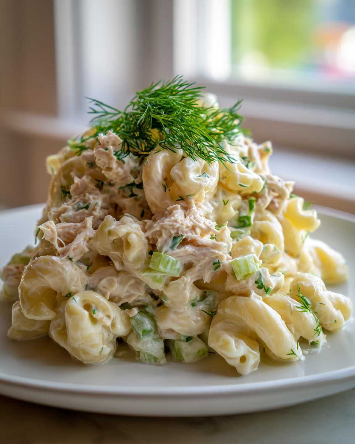 A close-up of a generous serving of Creamy Tuna Pasta Salad featuring elbow macaroni, tuna, celery, and topped with fresh dill.