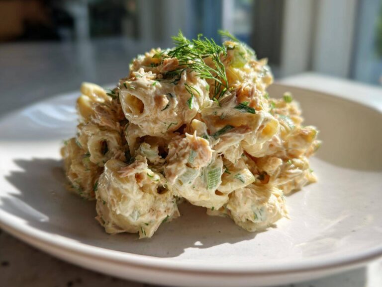 A mound of creamy tuna pasta salad, featuring elbow macaroni coated in a rich dressing and topped with fresh dill.