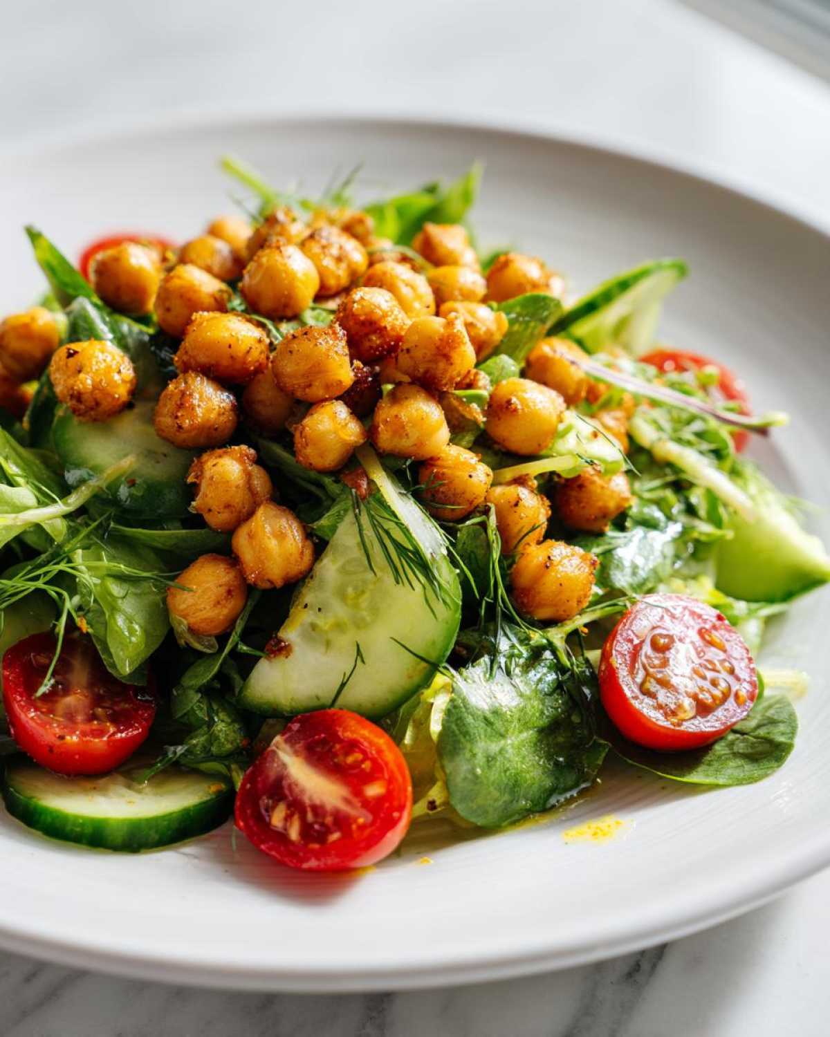 A vibrant salad featuring crispy air fryer chickpea salad over mixed greens, sliced cucumbers, and cherry tomatoes.