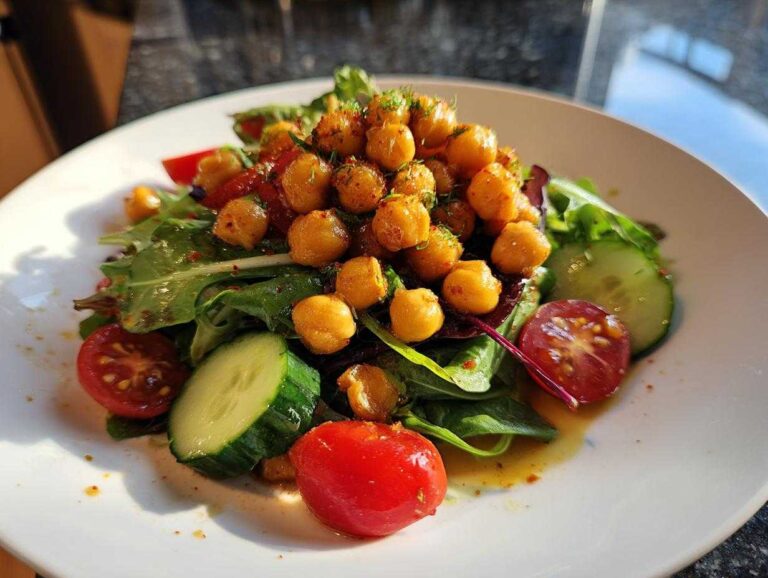 Amazing 12-min Crispy Air Fryer Chickpea Salad A vibrant plate featuring Crispy Air Fryer Chickpea Salad piled high with seasoned chickpeas, mixed greens, cucumber slices, and cherry tomatoes.