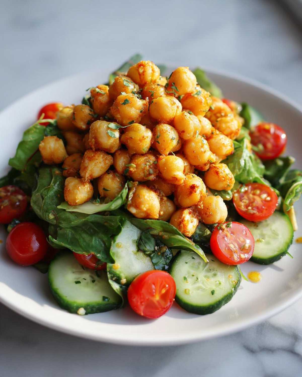 A mound of crispy air fryer chickpea salad served over mixed greens, sliced cucumbers, and cherry tomatoes on a white plate.