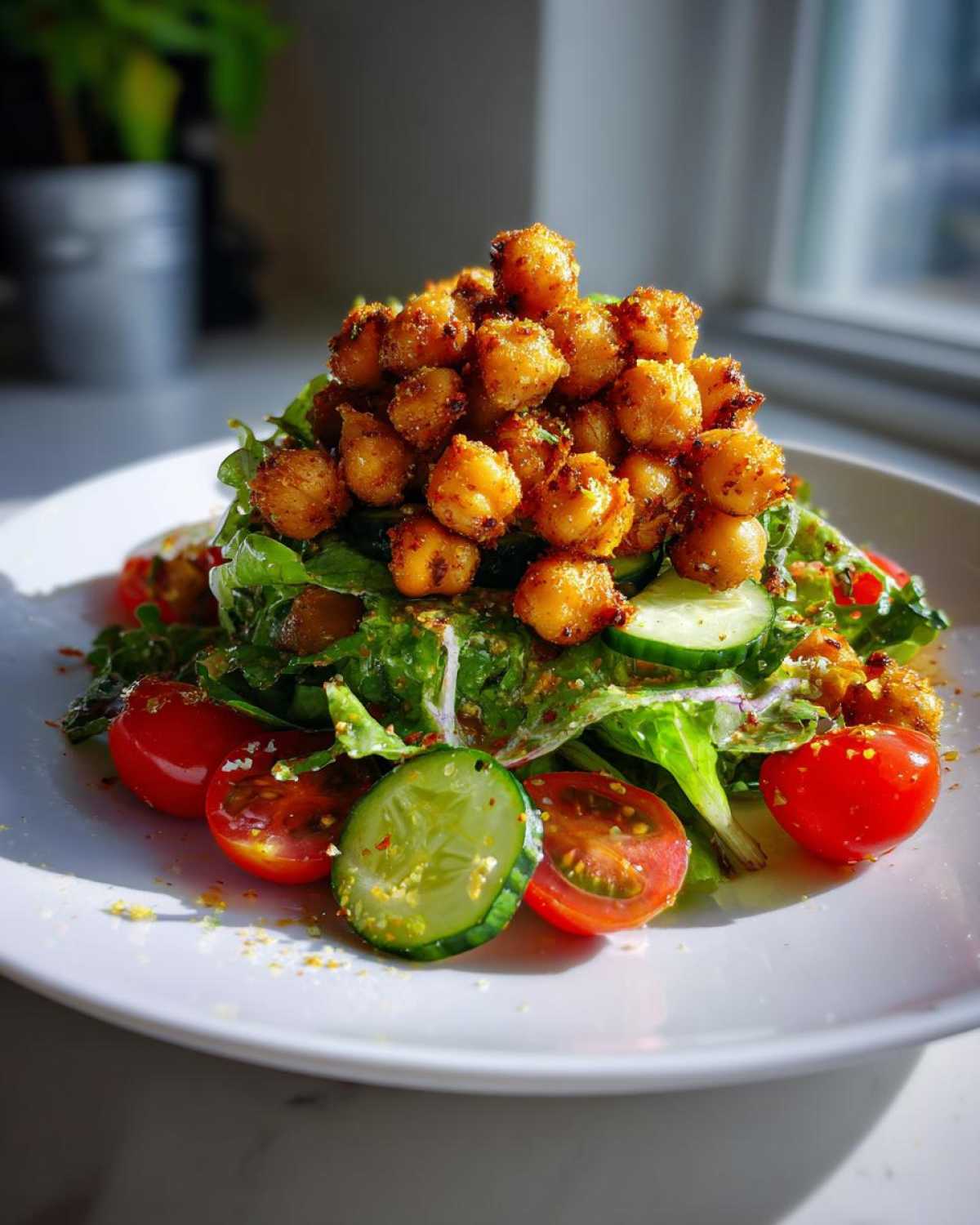 A vibrant salad featuring mixed greens, sliced cucumbers, cherry tomatoes, and a mound of Crispy Air Fryer Chickpea Salad topping.