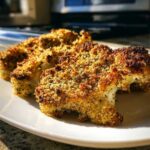 Two golden brown, seasoned Crispy Baked Cauliflower Steaks resting on a white plate.