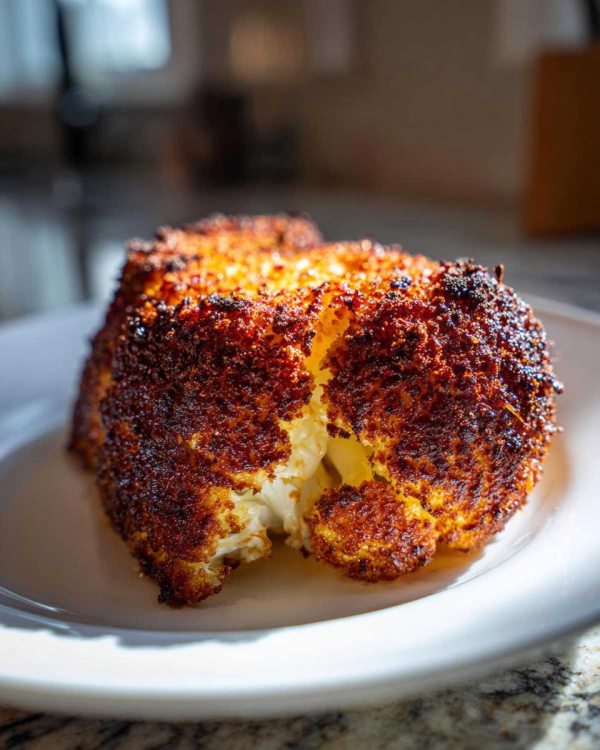 A thick slice of Crispy Baked Cauliflower Steaks with a deep, dark golden-brown, seasoned crust.