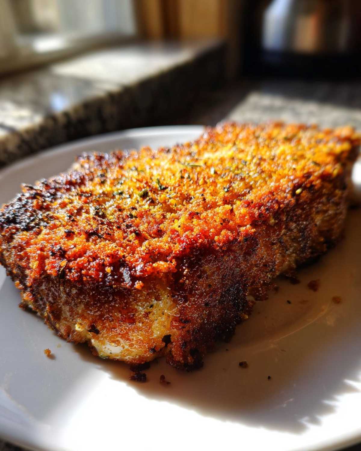 A thick slice of Crispy Baked Cauliflower Steaks with a golden-brown, heavily seasoned crust.