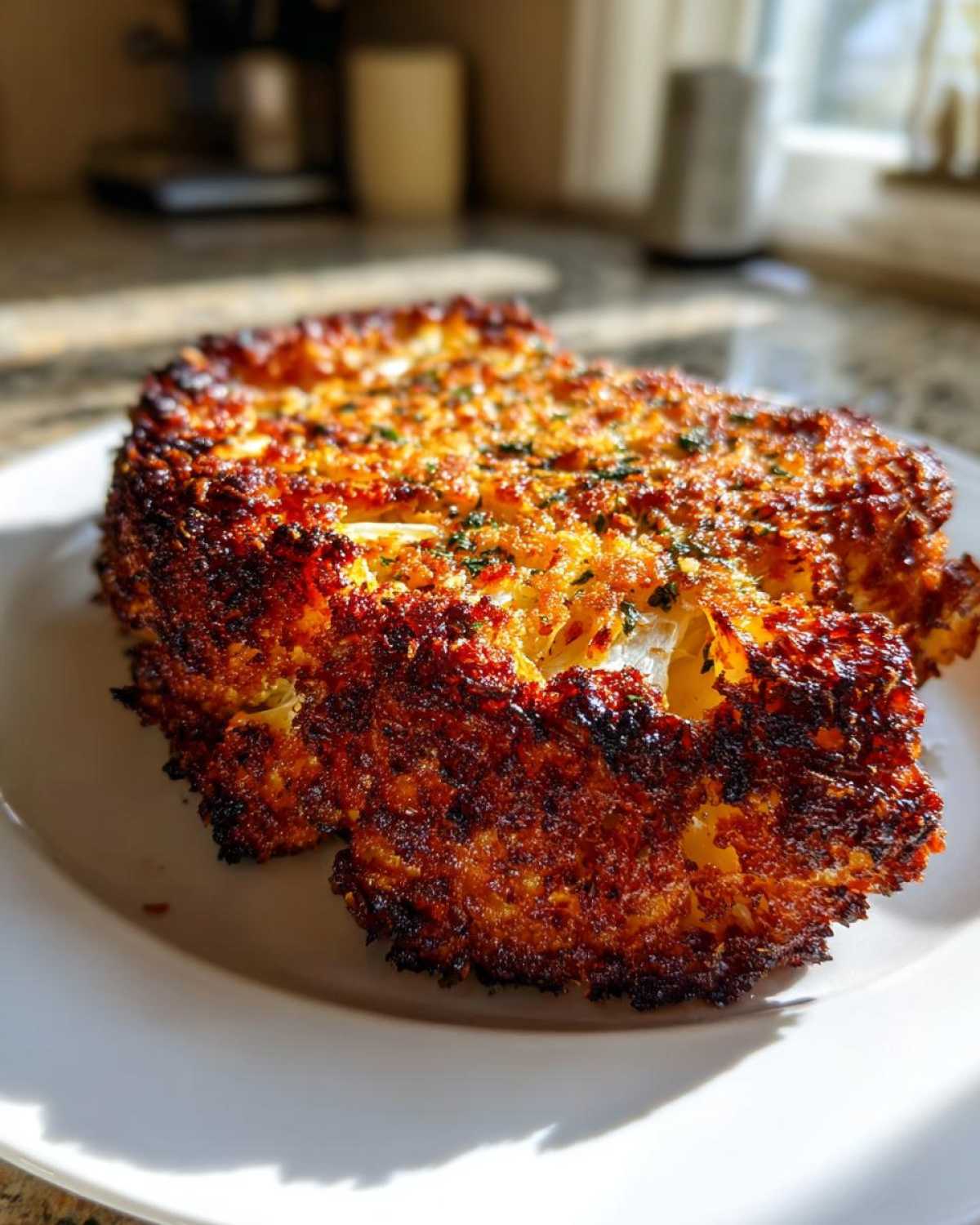 A thick, golden-brown, and very crispy baked cauliflower steak seasoned with herbs, served on a white plate.