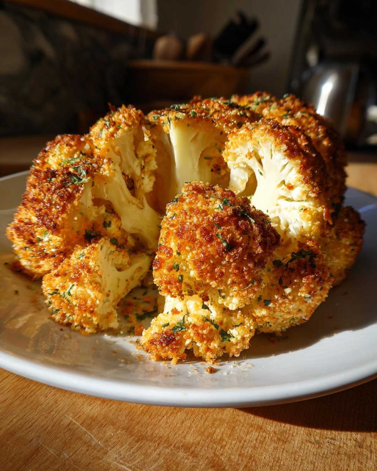 A whole roasted cauliflower, coated in crispy breadcrumbs, cut open to show the tender interior of the Crispy Baked Cauliflower Steaks.
