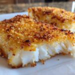 Close-up of a flaky white fish fillet showing a perfectly golden and crispy baked cod recipe crust.