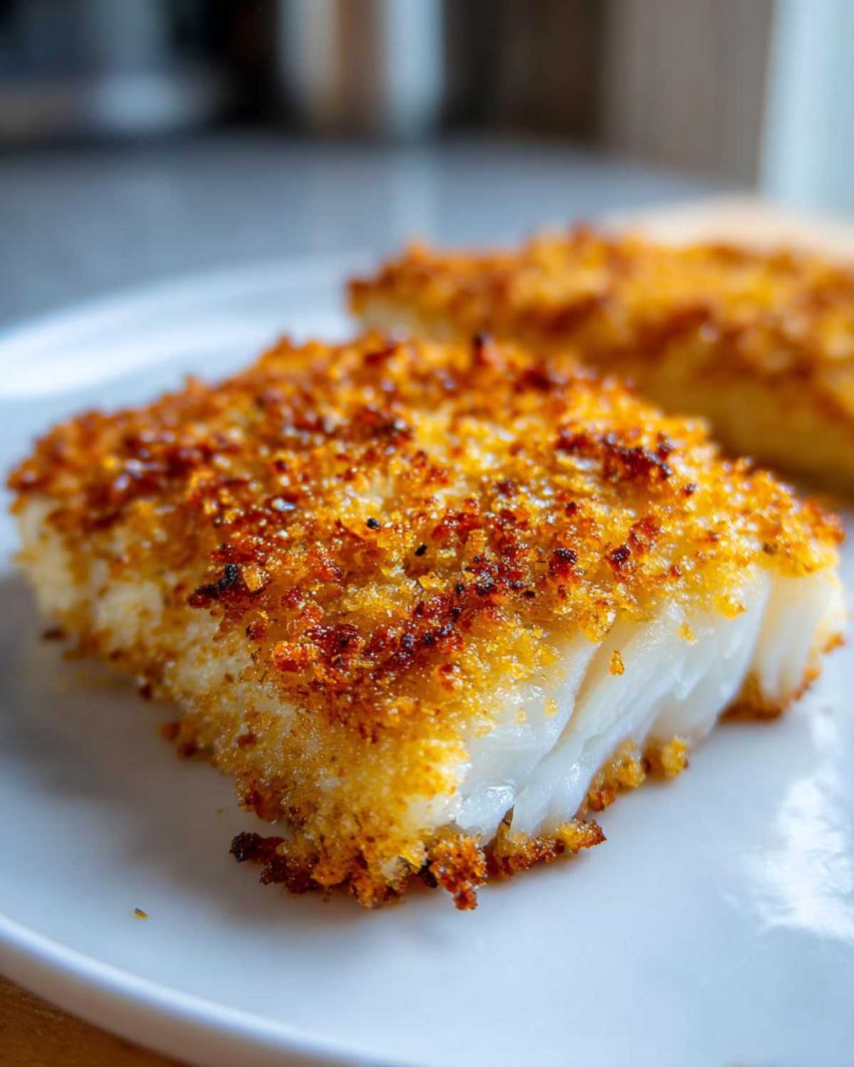A close-up of a perfectly cooked Crispy Baked Cod recipe fillet showing flaky white fish and a golden-brown, crunchy breadcrumb topping.