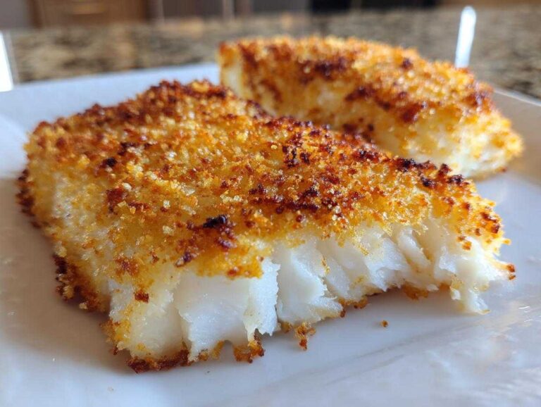 Amazing 12-Minute Crispy Baked Cod recipe Close-up of a flaky white fish fillet showing a perfectly golden and crispy baked cod recipe crust.