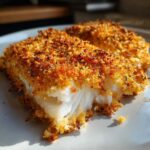 Close-up of a flaky white fish fillet showing the golden, crispy baked cod recipe crust.