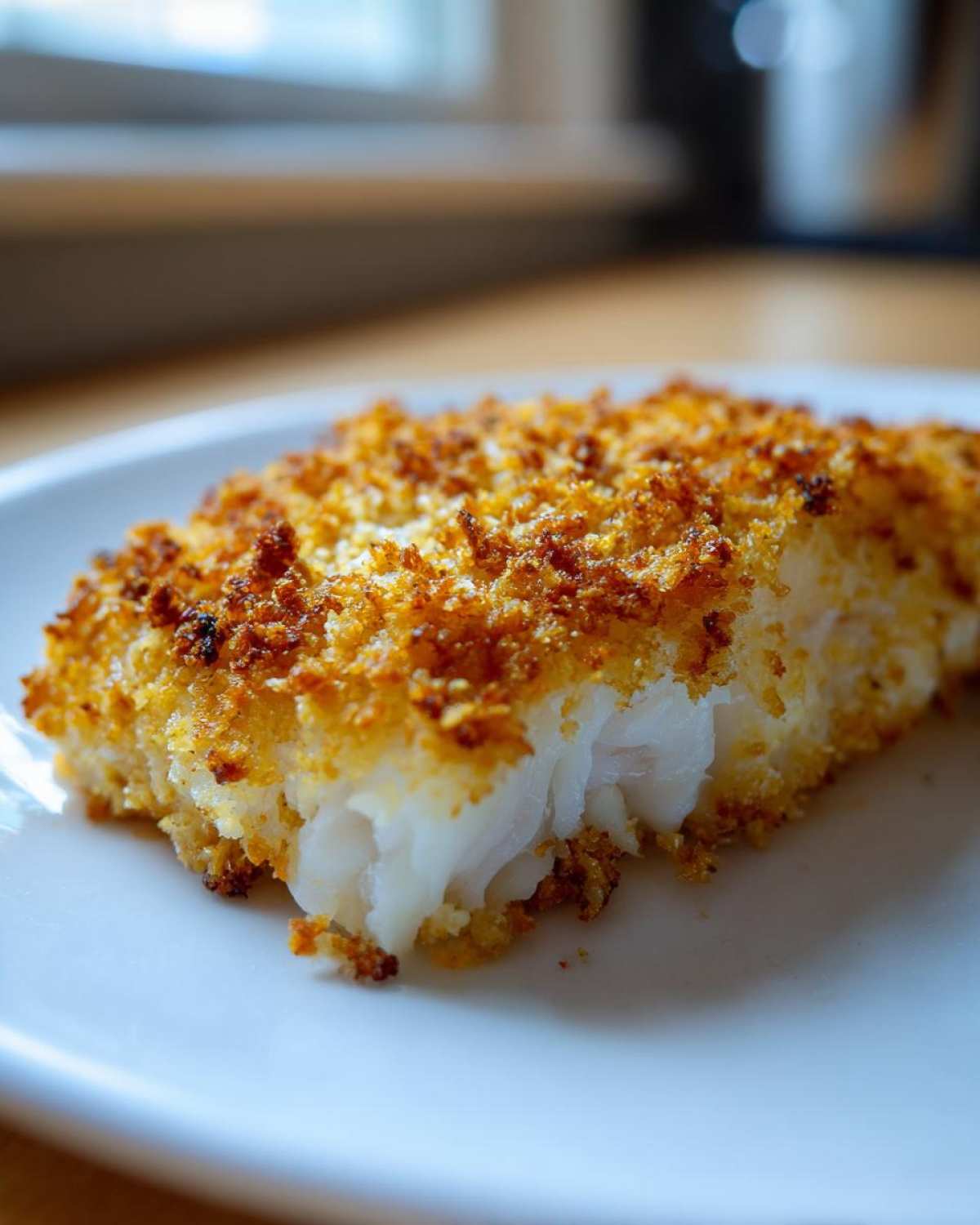 Close-up of a flaky white fish fillet showing a golden, crispy baked cod recipe crust.
