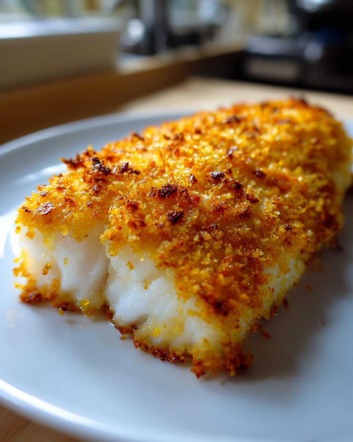 Close-up of a flaky white fish fillet with a golden, crispy baked cod coating on a white plate.