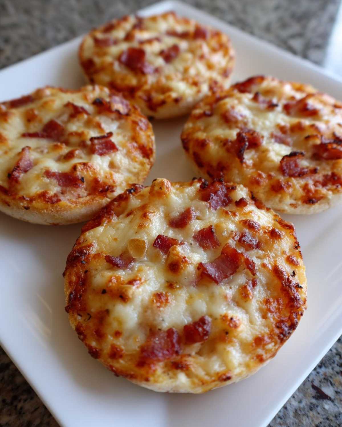 Four perfectly baked english muffin pizza snacks topped with melted cheese and bacon bits, served on a white plate.