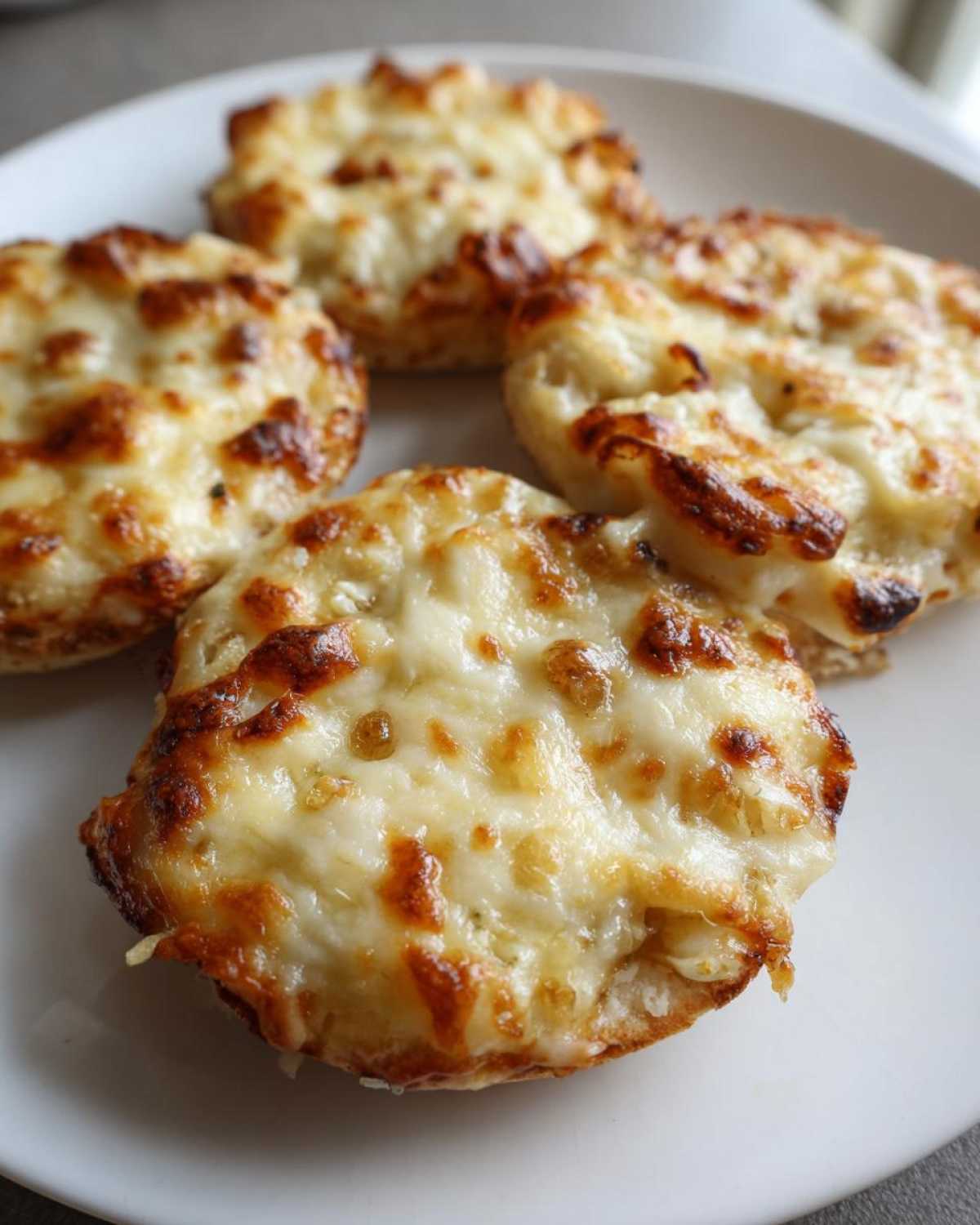 Close-up of four perfectly baked english muffin pizza halves topped with bubbly, browned mozzarella cheese.