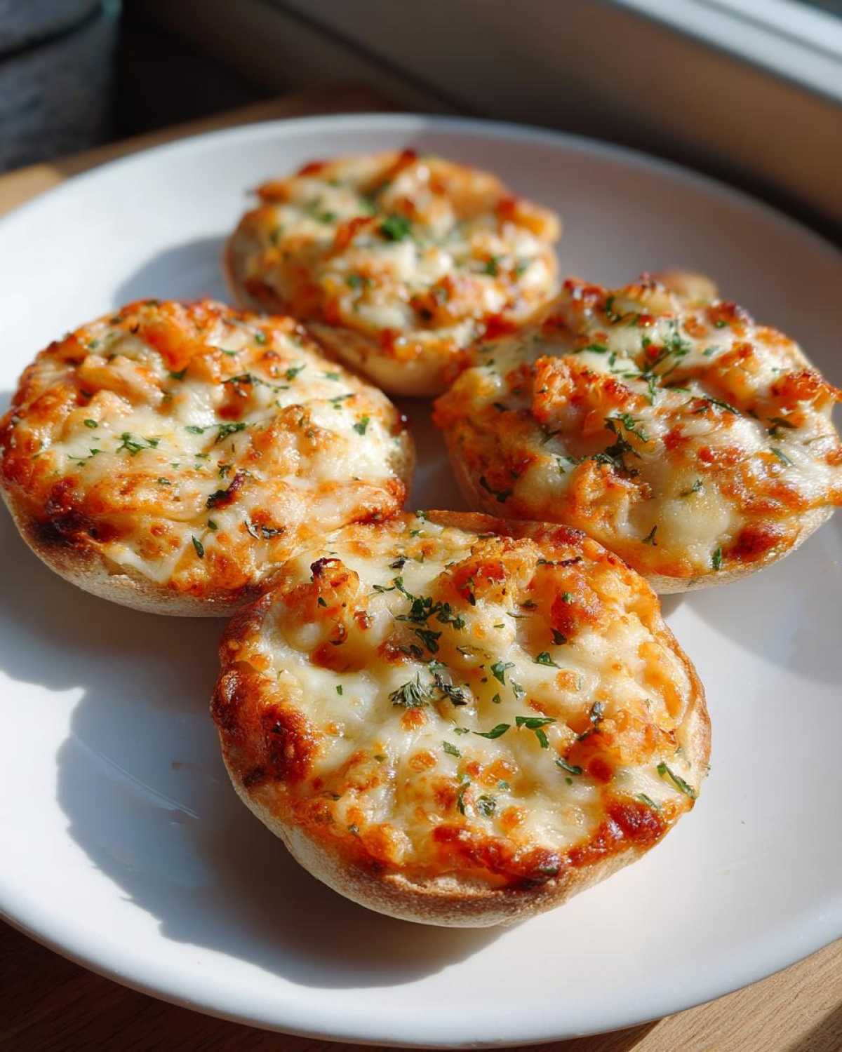 Four perfectly toasted english muffin pizza halves topped with melted cheese and herbs, served on a white plate.