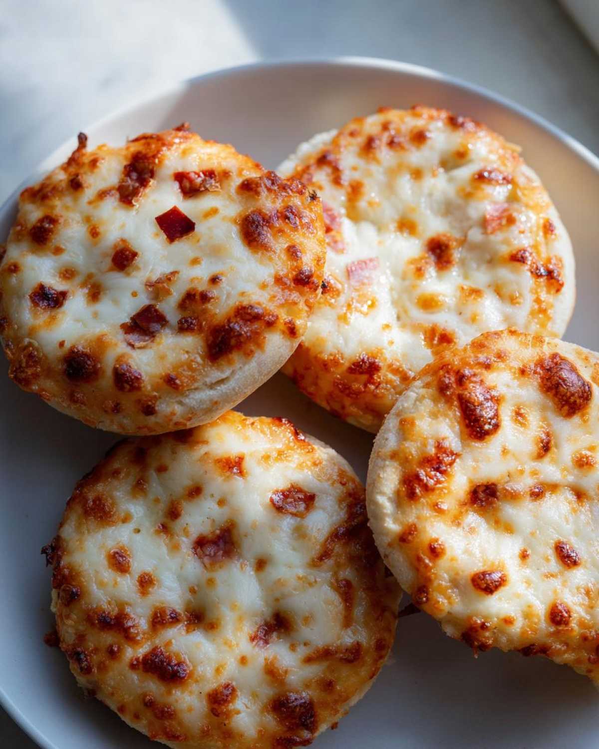 Four freshly baked english muffin pizza halves topped with bubbly, browned mozzarella cheese.