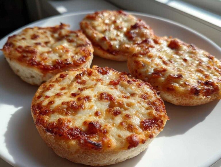 Four perfectly baked english muffin pizza halves topped with melted, browned mozzarella cheese.