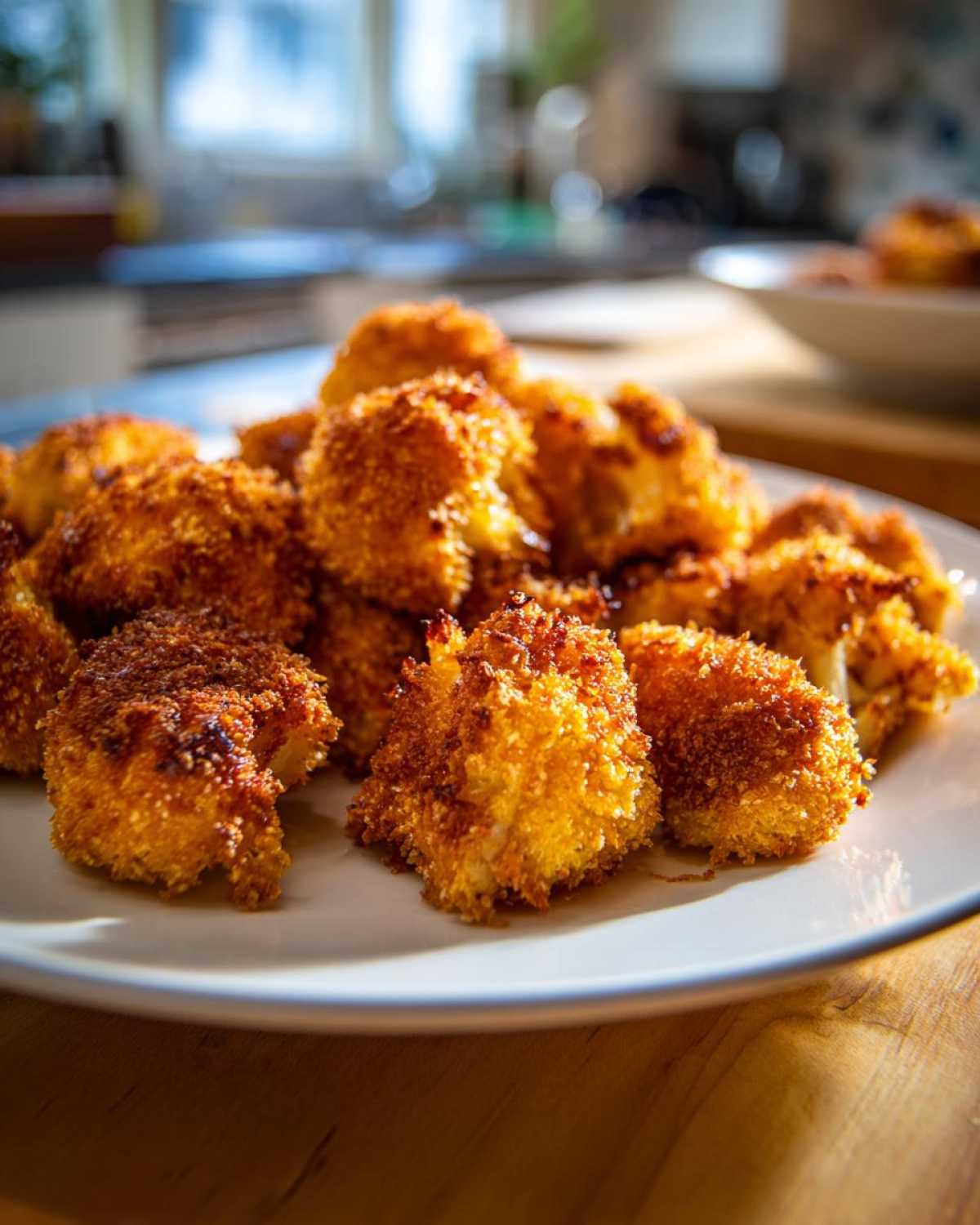 A plate piled high with golden brown, crispy Parmesan roasted cauliflower florets.