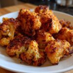 A close-up of golden brown, crispy Parmesan roasted cauliflower florets piled high on a white plate.