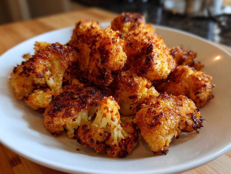 Amazing Crispy Parmesan Roasted Cauliflower 100 Times A close-up of golden brown, crispy Parmesan roasted cauliflower florets piled high on a white plate.